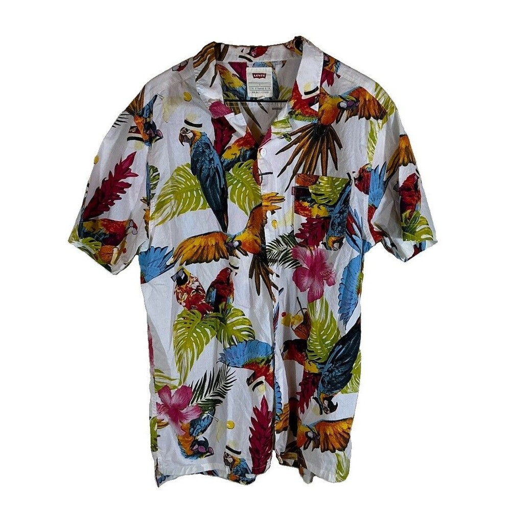 Levi's Mens XL Tropical Parrot Hawaiian SS Button-Up Shirt Spread Collar Pockets